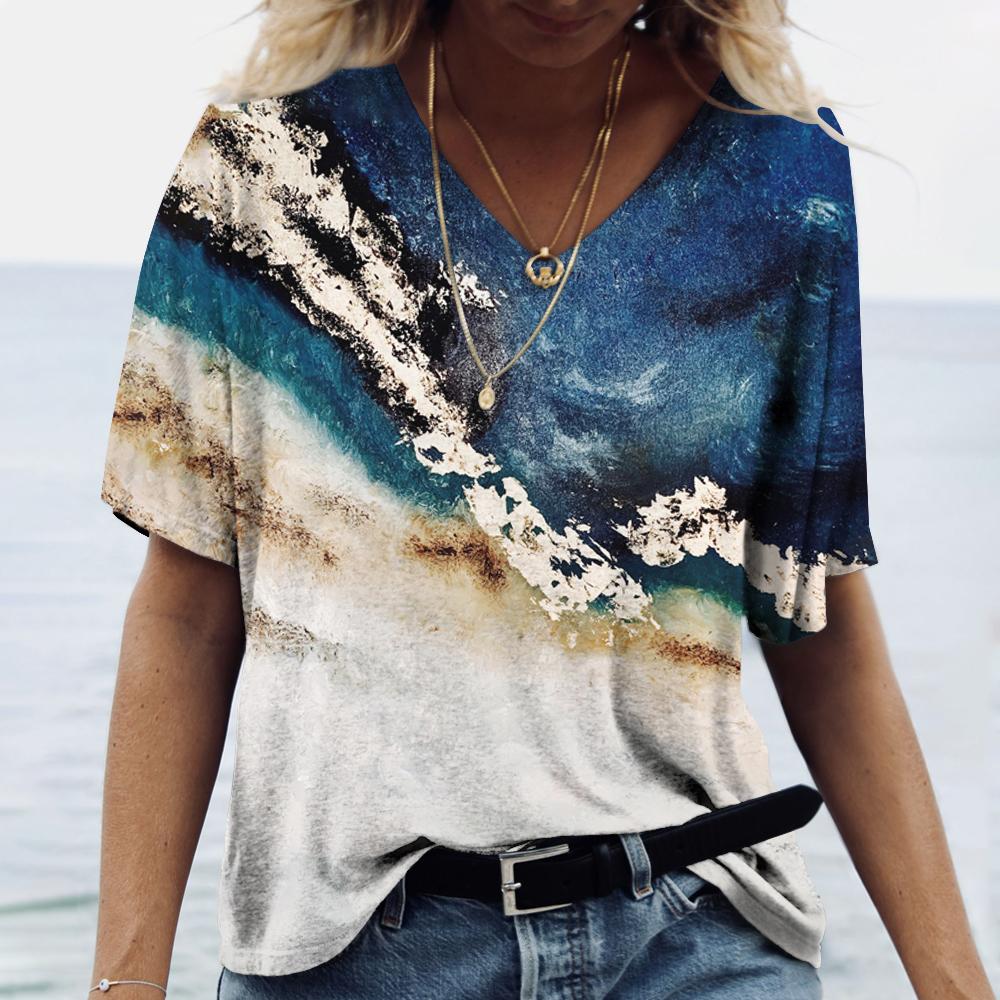 Летние женские футболки с 3D-принтом, градиентная футболка Harajuku, свободные футболки для женской одежды, новые топы с коротким рукавом и V-образным вырезом