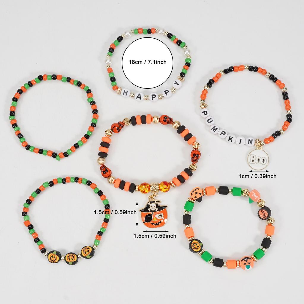 Halloween Bracelet Corn Pirate Ghost Pendant Polymer Clay Beaded Stretch Bracelet Party Holiday Jewelry 6pcs