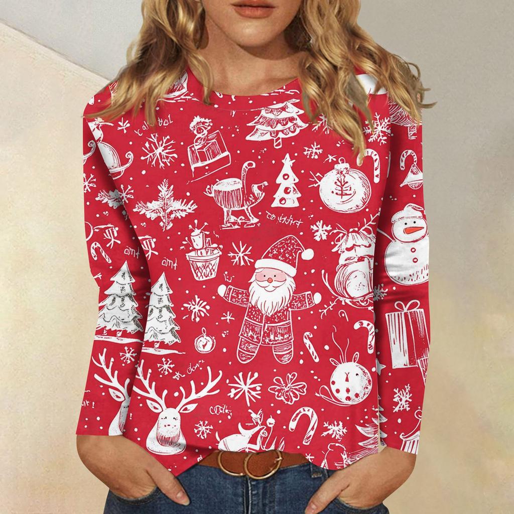 Женская модная повседневная футболка с круглым вырезом и рождественским принтом и длинными рукавами