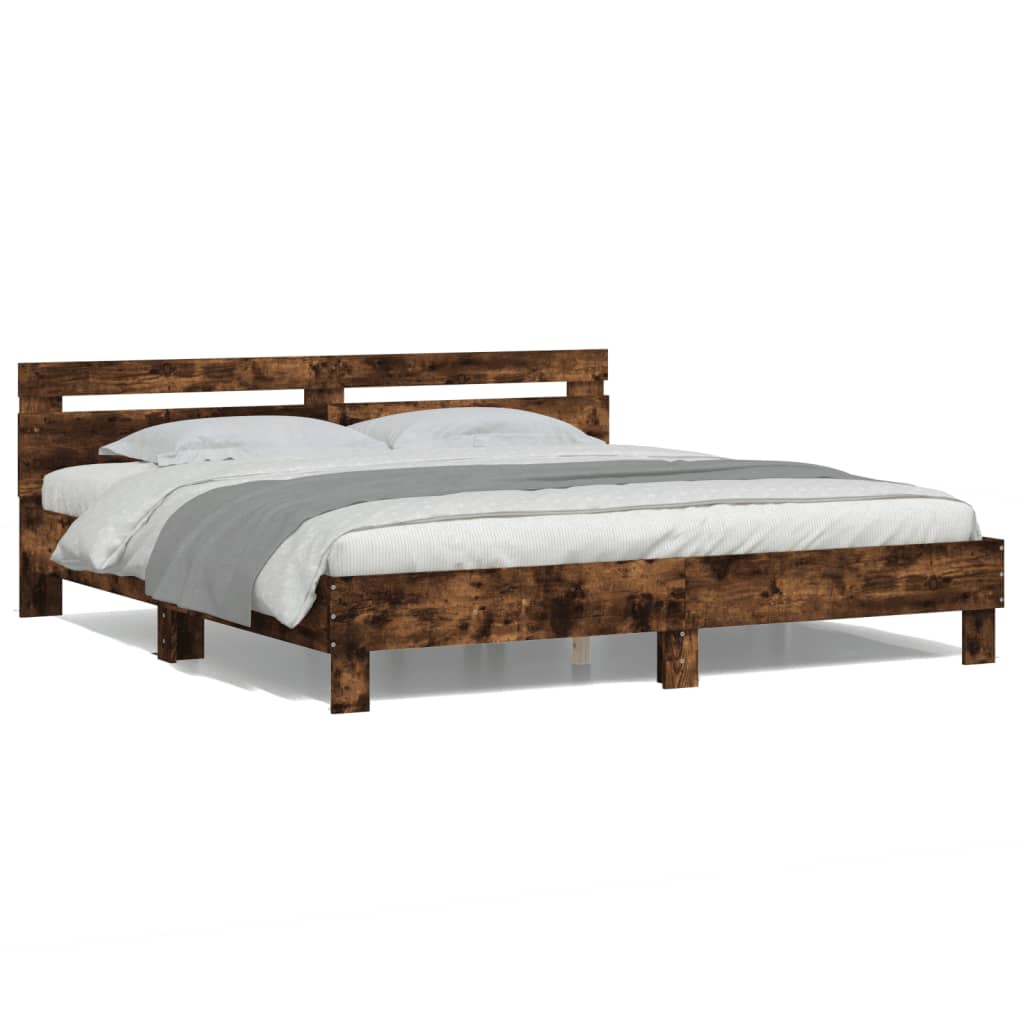 Bed Frame with Headboard and LED Lighting Smoked Oak