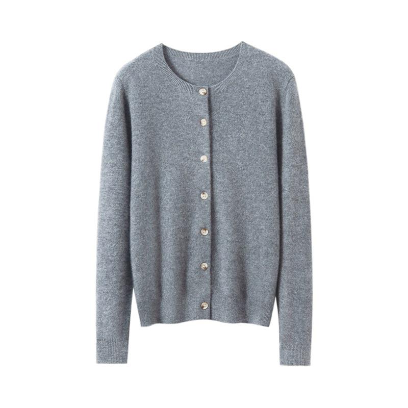 Women's 100% Pure Cashmere Round Neck Cardigan - Autumn/Winter Fashion Long Sleeve Knit Sweater Coat