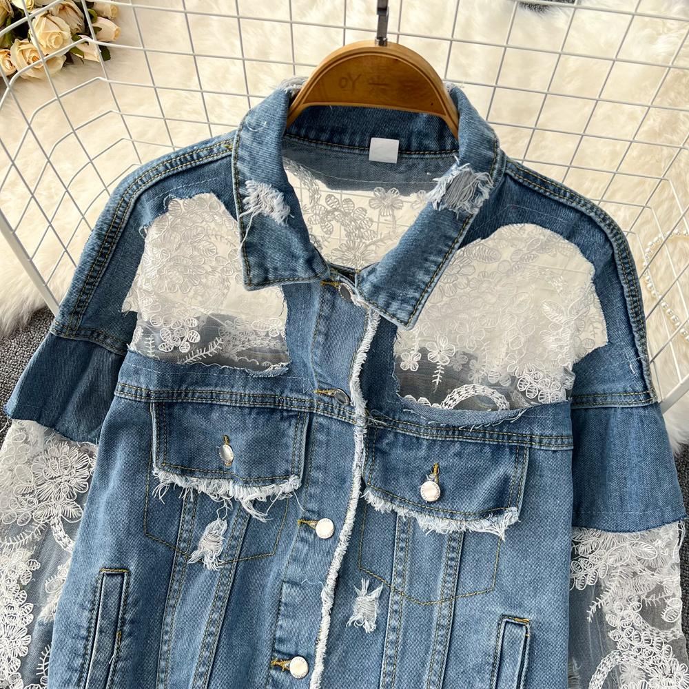 Весенне-осеннее женское джинсовое пальто с вышивкой и кружевом в стиле пэчворк, джинсовая куртка с отложным воротником, верхняя одежда