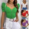 Женская мода сексуальный U-образный вырез однотонный цвет рукав-фонарик спереди молния короткий рукав топ