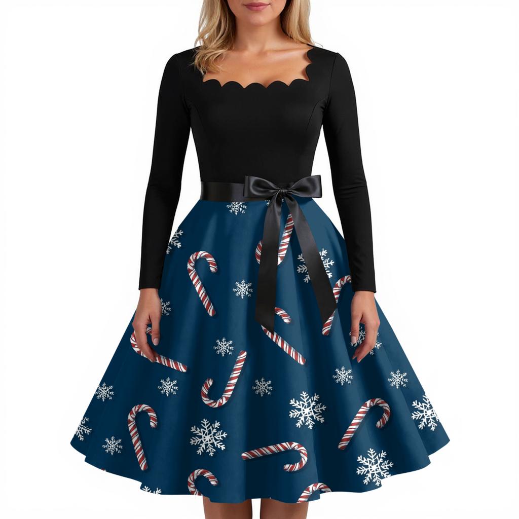Женское модное ретро вечернее платье с длинным рукавом, квадратным вырезом и рождественским принтом