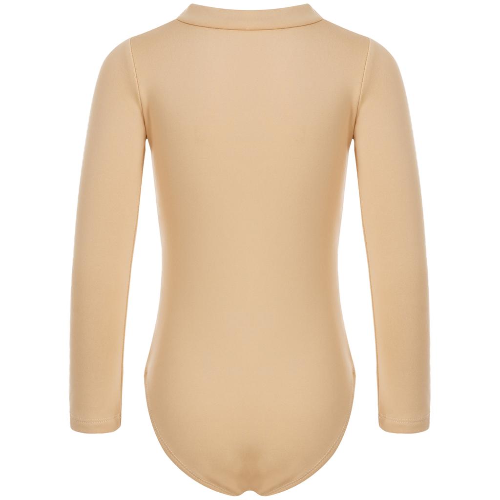 Nude Kids Girls Fleece Long Sleeve Leotard Solid Color Bodysuit Gymnastics Ballet Dance Training Costume