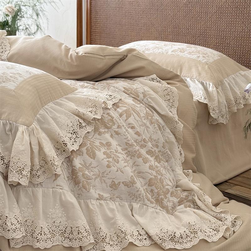4/5Pcs French Vintage jacquard Lace Ruffles 100% Cotton Double Layer Yarn Bedding Sets Duvet Cover Flat/Fitted Sheet Pillowcases