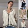 Women Sweater Coat V-neck Long Sleeve Single Breasted Knitting Cardigan Patchwork Color Embroidery