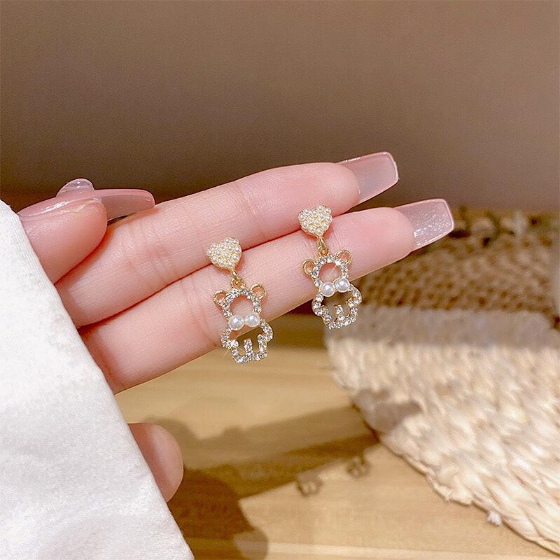 Simulation Pearl Zircon Bear Earrings Female Exquisite Cute Earrings Party Beautiful Jewelry AVE
