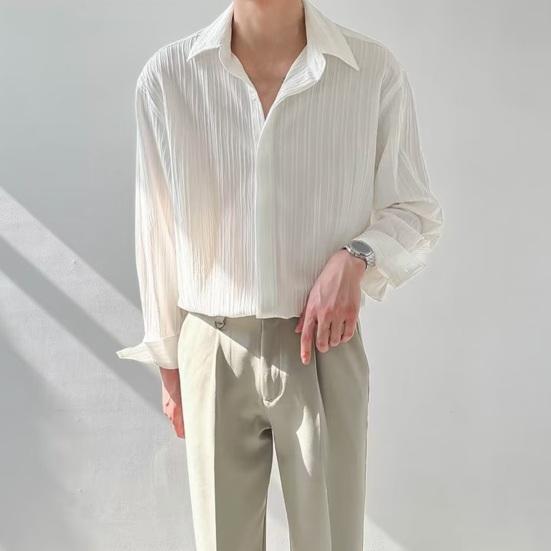Летняя мужская рубашка с отложным воротником и длинными рукавами, плиссированный однобортный свободный однотонный кардиган на пуговицах, тонкий деловой офис