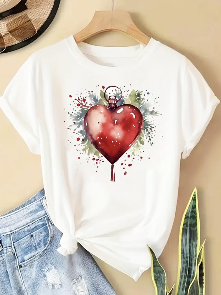 (Asian Size) New Year T Clothing Short Sleeve T-shirts Print Merry Christmas Letter 90s Trend Cute O-neck Women's Top Fashion Holiday Graphic Tee