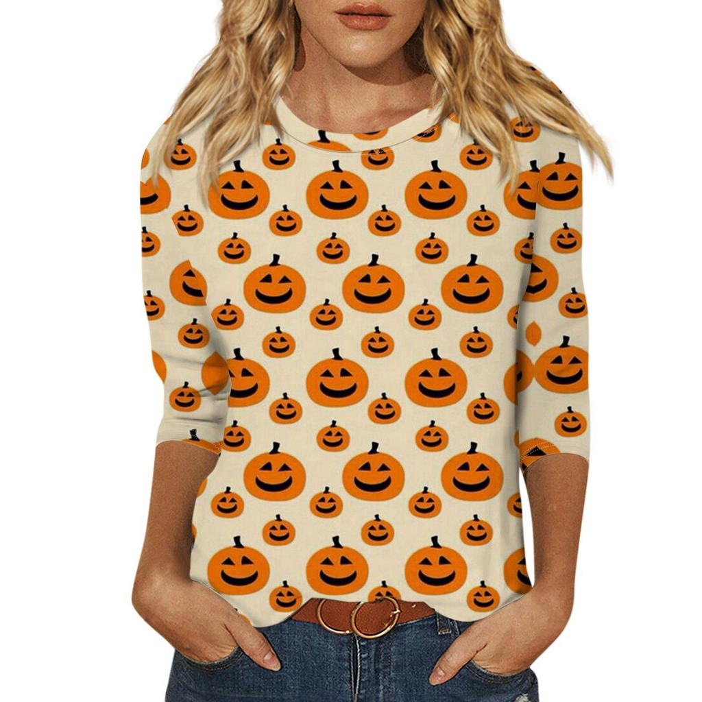 Женская модная повседневная свободная футболка с круглым вырезом и рукавами 3/4 на Хэллоуин, женский топ