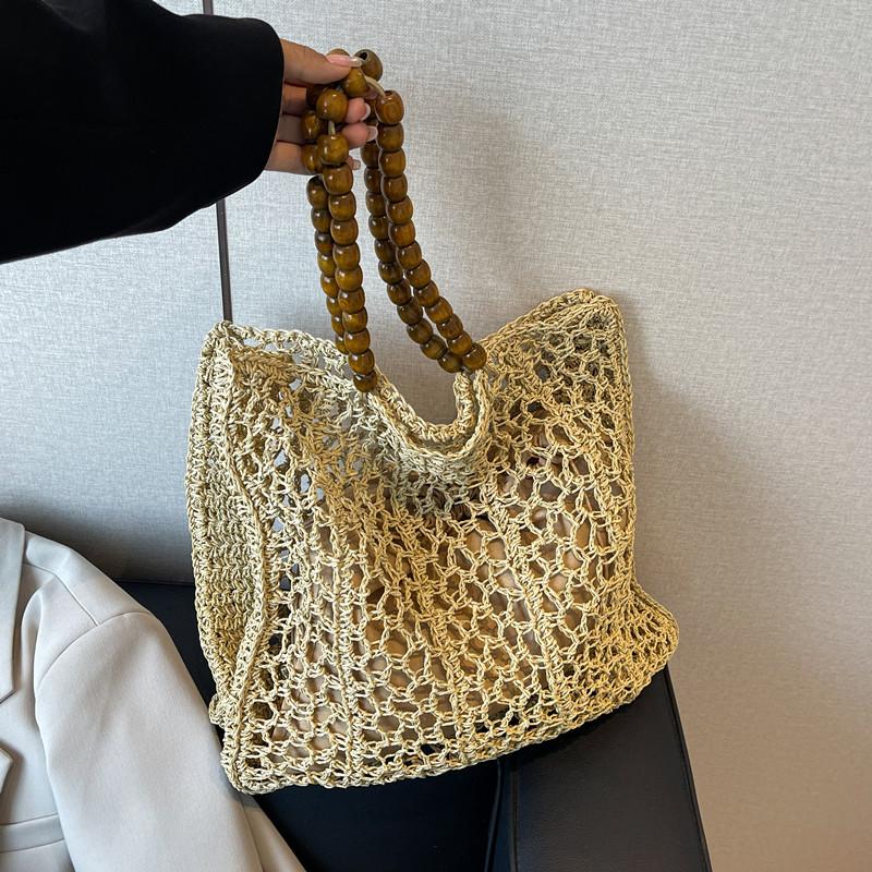 Модная соломенная сумка с бисером и плечевыми ремнями, женская полая сумка ручной работы, женская большая вместимость, летняя повседневная дорожная пляжная сумка-тоут