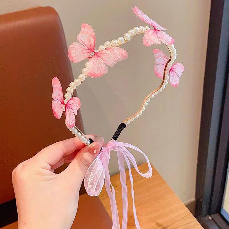 Butterfly Headband Children Streamer Hair Hoop Baby Cute Princess Female Cute Pearl Hairband Finishing Hairpin Hair Accessorie