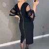 Women Midi Dress O-Neck Mesh Stitching 3/4 Flared Sleeve Casual Dress Back Zipper Elegant Office Lady Dress