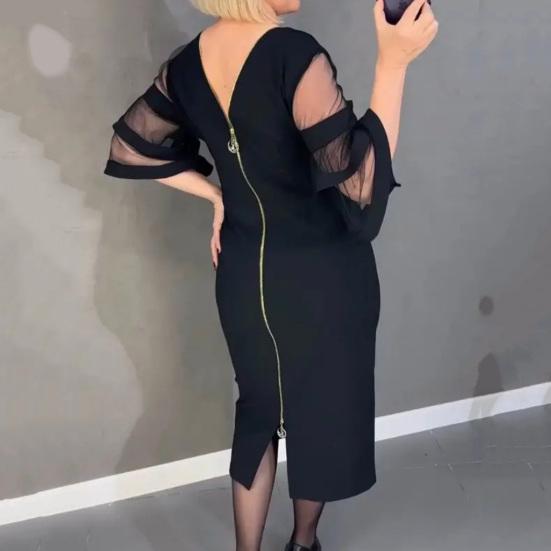 Women Midi Dress O-Neck Mesh Stitching 3/4 Flared Sleeve Casual Dress Back Zipper Elegant Office Lady Dress