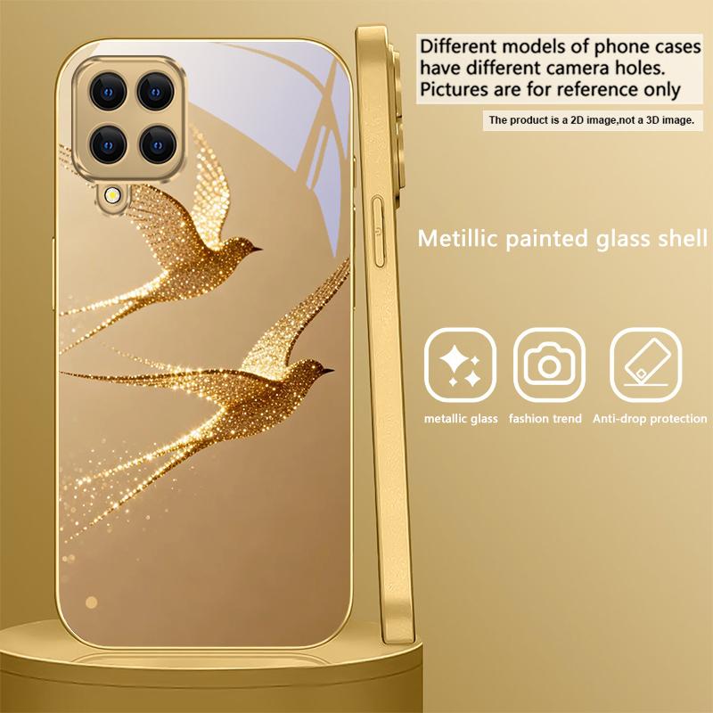 golden flying bird For Samsung A 01 52S A04 A05S A10 A12 A13 22 23 24 36 42 M02 Note 10 20Ultra 8 9 Golden glass phone case