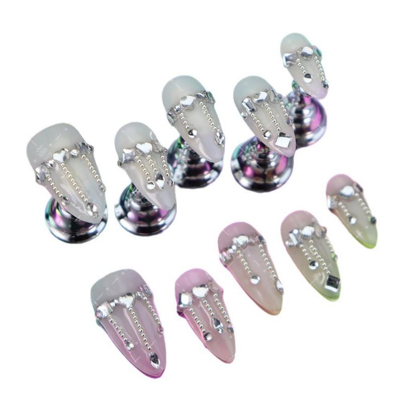 Press-On Nails Retro Chinese Style Acrylic Nail Tips With Rhinestone Beads Chain Decor