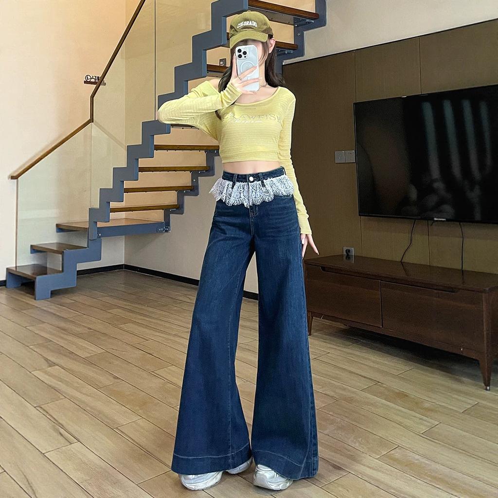 Lace wide-leg jeans women's spring and autumn new thin loose design horn lace straight pants