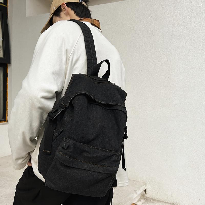 Solid Color Women Denim Backpack College Style Student Backpack Men Travel Bag