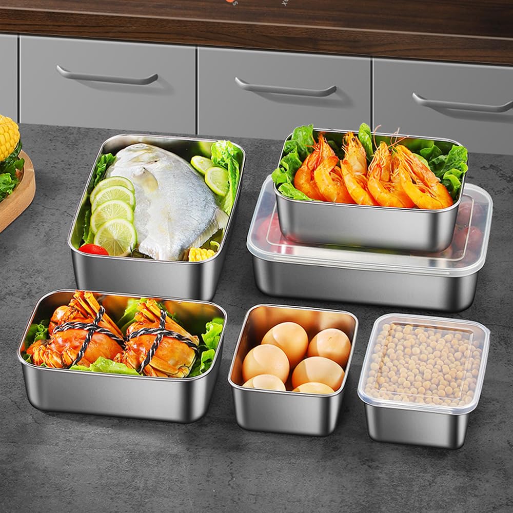 Doveja 3-Piece Deep Stainless Steel Tray Set with Lid, Deep Square Tray, Storage Container, Cookware in 3 Sizes