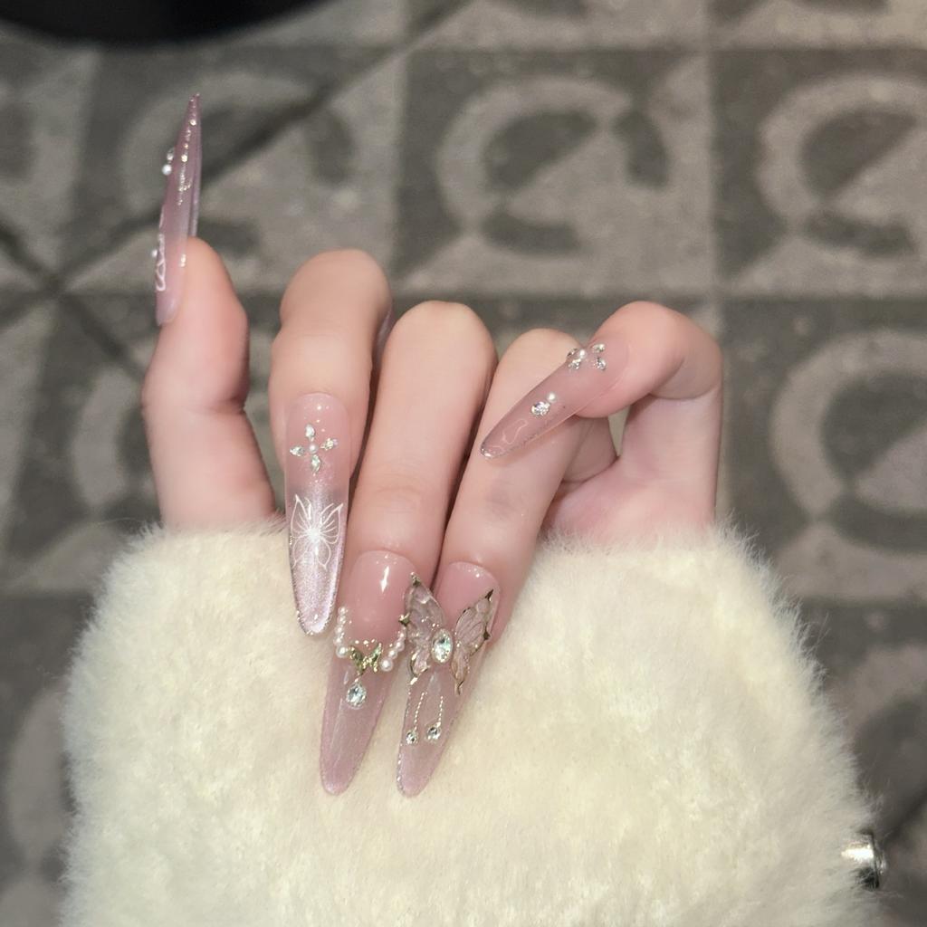 Wearing Long Nails, Handmade Fake Nails, Pink Cat Eye French Diamond Butterfly Nail Art