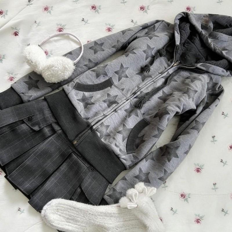 Womens Vintage Star Print Hooded Sweatshirt Fall Winter Casual Zip Up Fleece Lined Outerwear