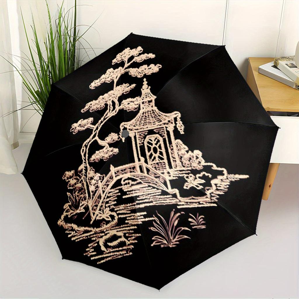 Folding umbrella Elegant pagoda and bridge design in serene nature scene Creative portable folding umbrella, suitable holiday