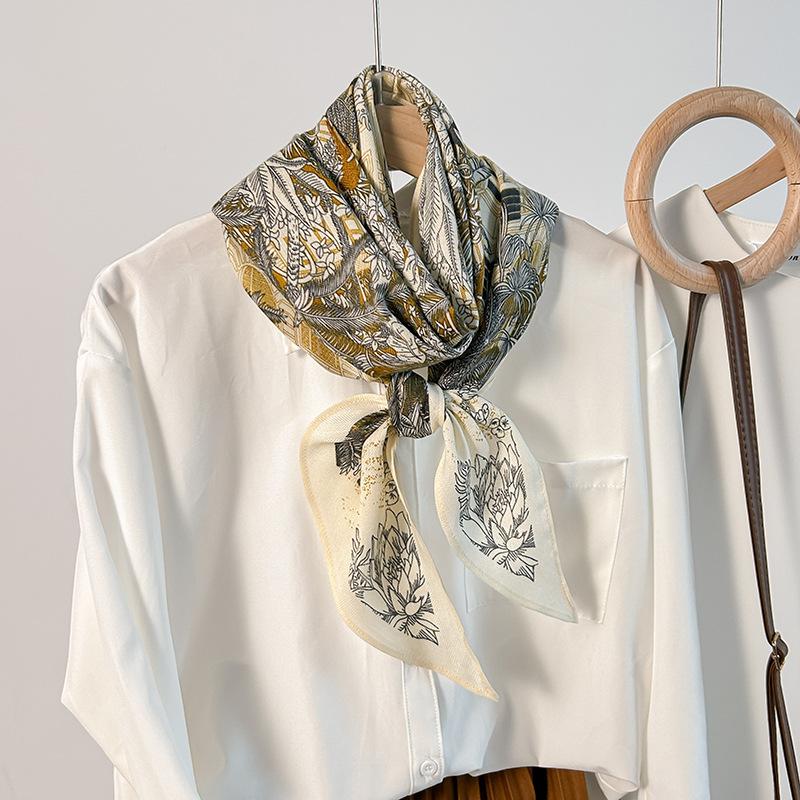 New Parallel Scarf Simulation Silk Scarf Spring and Autumn Women's Thin High-end Plant Flower Printed Scarf