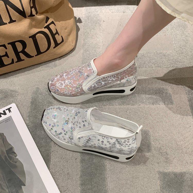 Внутренняя часть обуви с высокой посадкой, женские туфли весна-лето 2024 года, кружевные, с пайетками, сетчатые, повседневные, на платформе, женские туфли