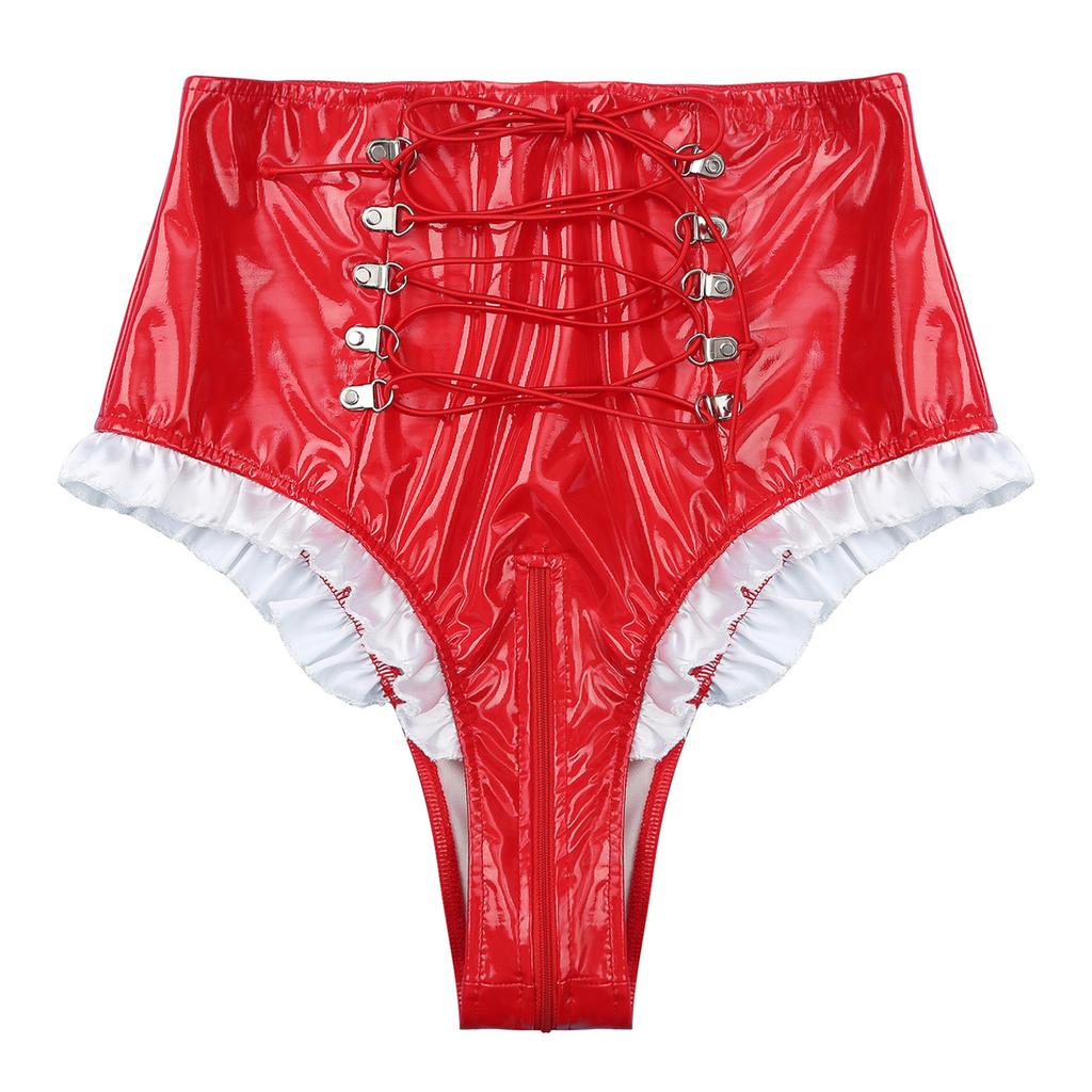 Женские блестящие лакированные трусики с оборками для горничной, трусы с высокой талией на шнуровке и молнией, нижнее белье для ночного клуба, ролевых игр