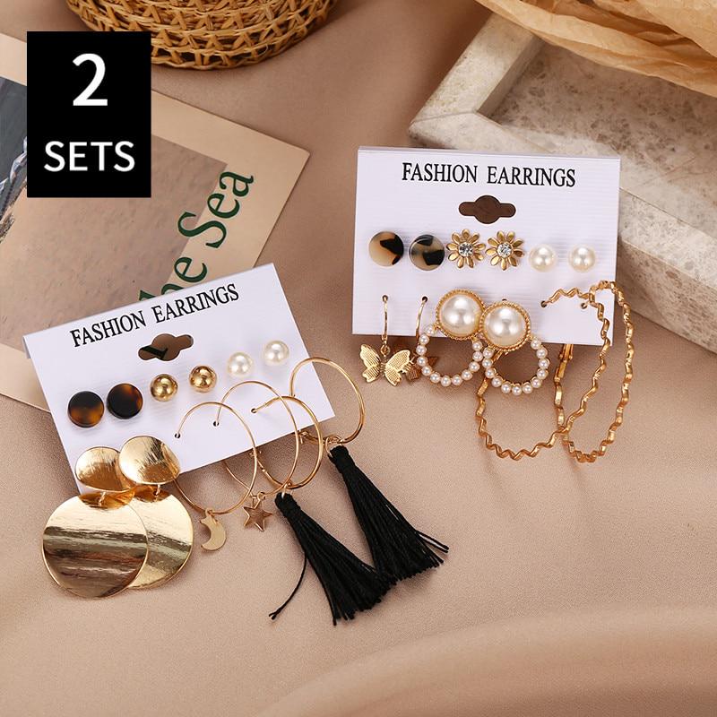 Винтажные женские серьги разных геометрических форм в богемном стиле в наборе 12 пар от бренда 17 КМ