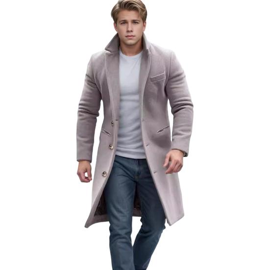 Мужское шерстяное пальто с лацканами, длинный рукав, однобортная куртка, пальто с карманами, однотонный цвет