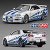 New 1:24 Nissan GTR R34 Skylin Fast & Furious Alloy Car Model Sound and Light Pull Back Children's Toy Collectibles Birthday Gift
