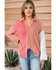 Pink Ribbed Colorblock Drop Shoulder Shirt with Pocket
