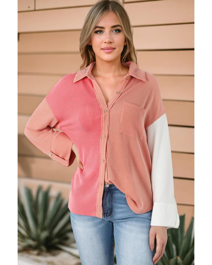 Azura Exchange Pink Ribbed Colorblock Drop Shoulder Shirt with Pocket