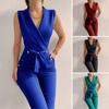 Summer Women Jumpsuit Sleeveless V Neck Slim Fit Button Decor Lace-up Strap Pure Color Wide Leg