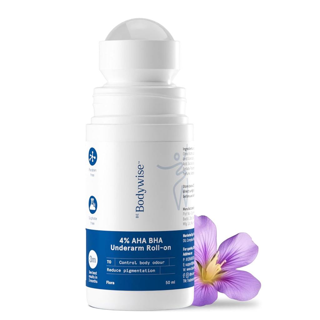 Be Bodywise Ролик для подмышек с 4% AHA BHA кислот, 2% молочной, 1% миндальной и 1% салициловой кислоты, 0% спирта и 0% алюминия, аромат Flora, 50 мл