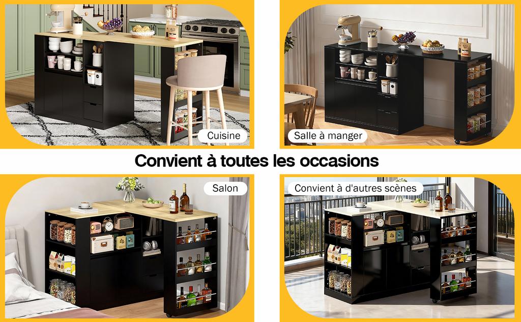 Kitchen island with pull-out countertop, 115 cm storage with three-sided shelves and two drawers, coffee bar, suitable for dining rooms and home bars
