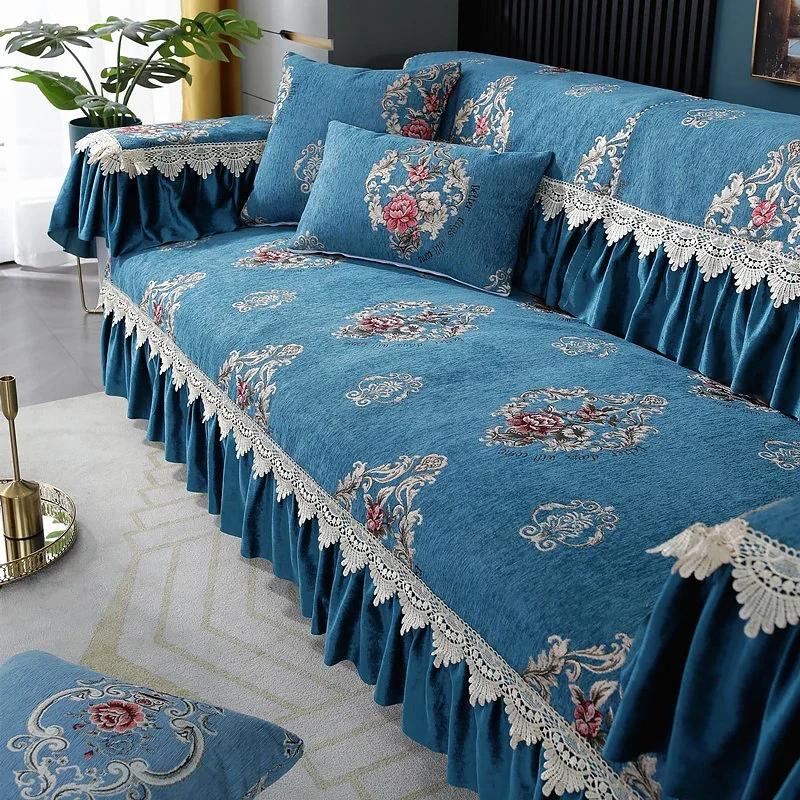 Four Seasons Chenille Armchair Cushion Big Flower Non-slip Cushion Sofa Set Green Color Big Skirt Hem 18cm Lace Sofa Towel