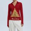 Женская модная повседневная блузка с V-образным вырезом, длинными рукавами и принтом на рождественскую тематику, застегивающаяся на пуговицы
