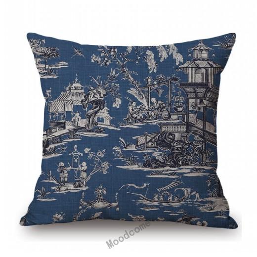 Navy Blue Delft Blue Toile De Jouy Pattern Design Royal Elegant Home Decorative Sofa Throw Pillowcase Cotton Linen Cushion Cover