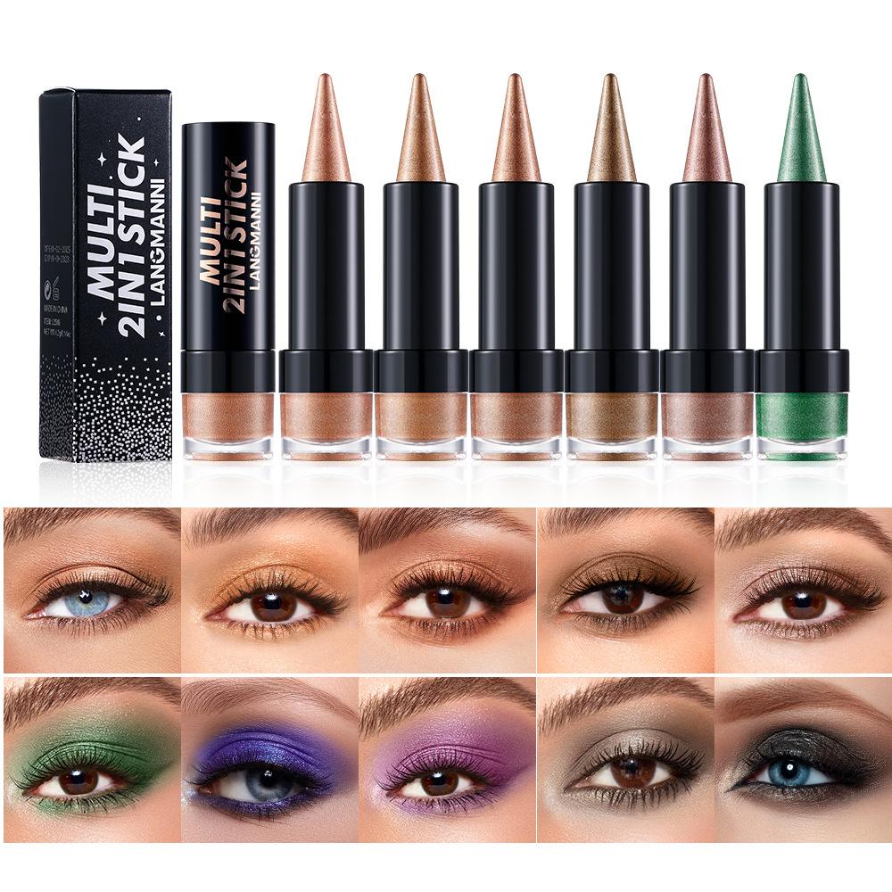 2 в 1 Пуля Перламутровые Тени для век Карандаш-заостренная подводка для глаз Карамельно-коричневый Черный Тени для век Макияж Шелковистые Гладкие Водостойкие Стойкие Тени для век