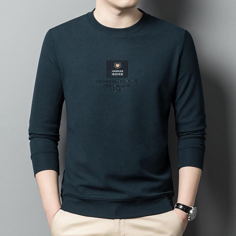 Весенняя футболка с длинными рукавами, мужская футболка с круглым вырезом, повседневная вафельная футболка для мужчин для молодежи и среднего возраста