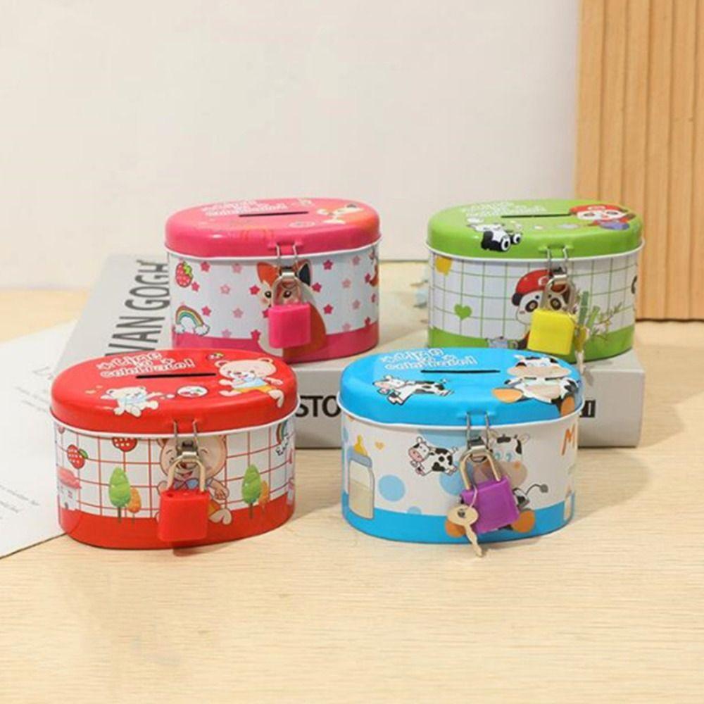 Cartoon Print Design Coin Savings Box High Capacity Kids Storage Jar Tinplate Piggy Bank  Home