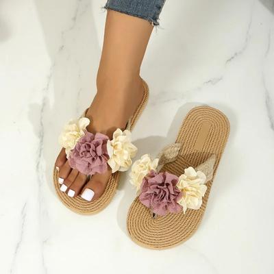 Модная декорация Повседневные плоские шлепанцы Обувь для женщин Слайды Новые летние шлепанцы Уличные Пляжные шлепанцы Милый бант с цветком