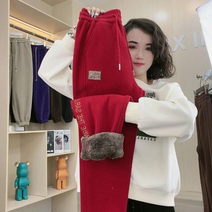 Женские осенне-зимние теплые толстые флисовые брюки модные термобелье плюшевые брюки повседневные спортивные спортивные брюки с эластичной талией