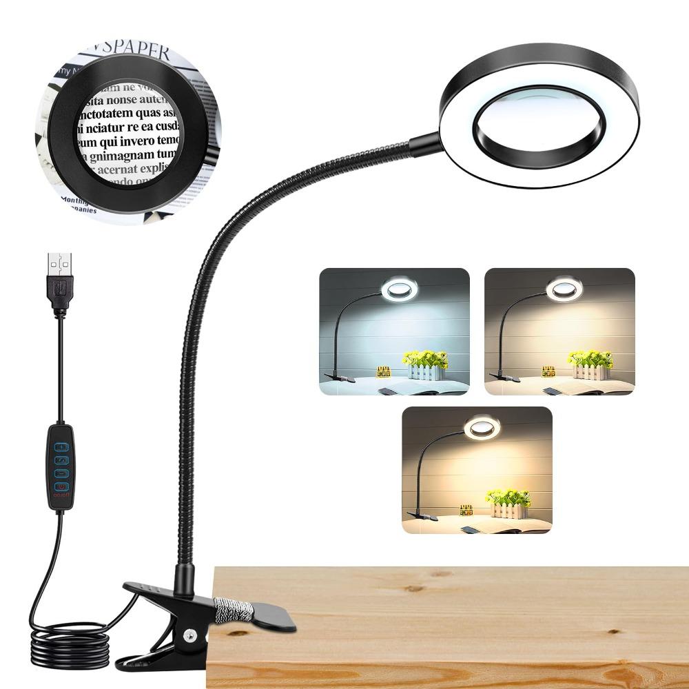 360°Flexible Gooseneck Magnifying Glass with Light 5X Lighted Desk Lamp Night Clip  Jewelry Making