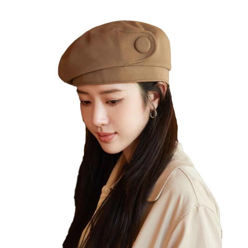 New Autumn and Winter Hat for Women with High End Button Beret Autumn and Winter Face Show Little Painter Hat for Literary Retro Bud Hat