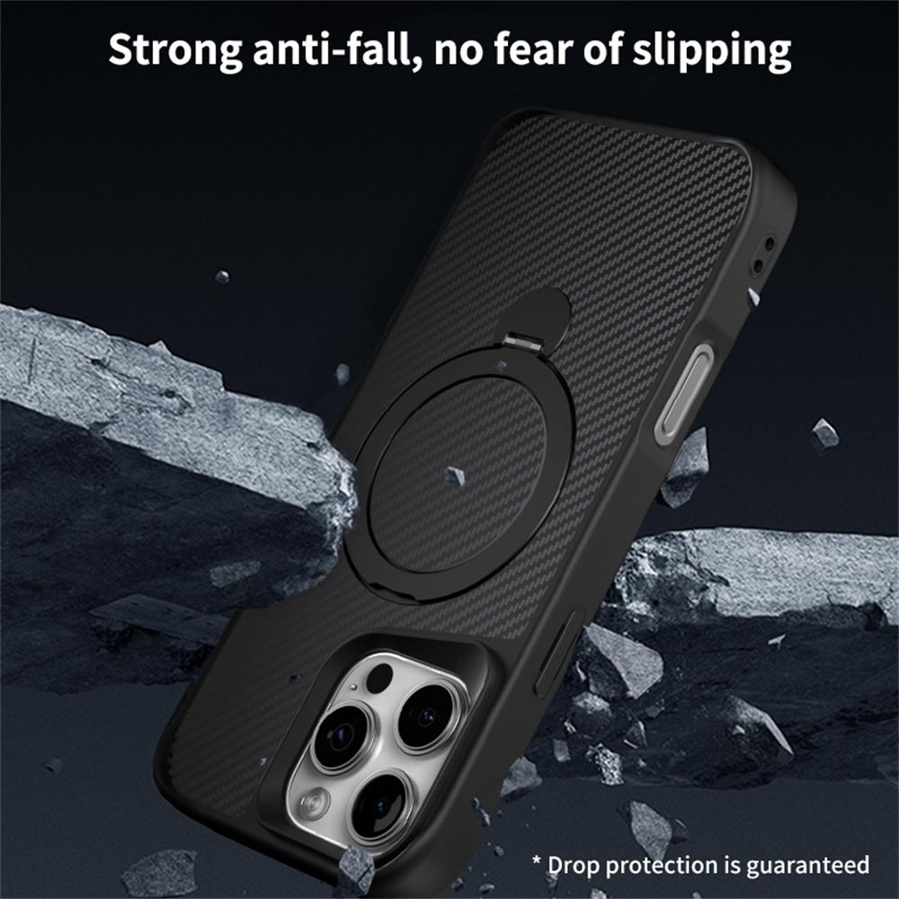 For iPhone 16 Pro Phone Case with Magnetic Kickstand TPU+PC Carbon Fiber Back Cover