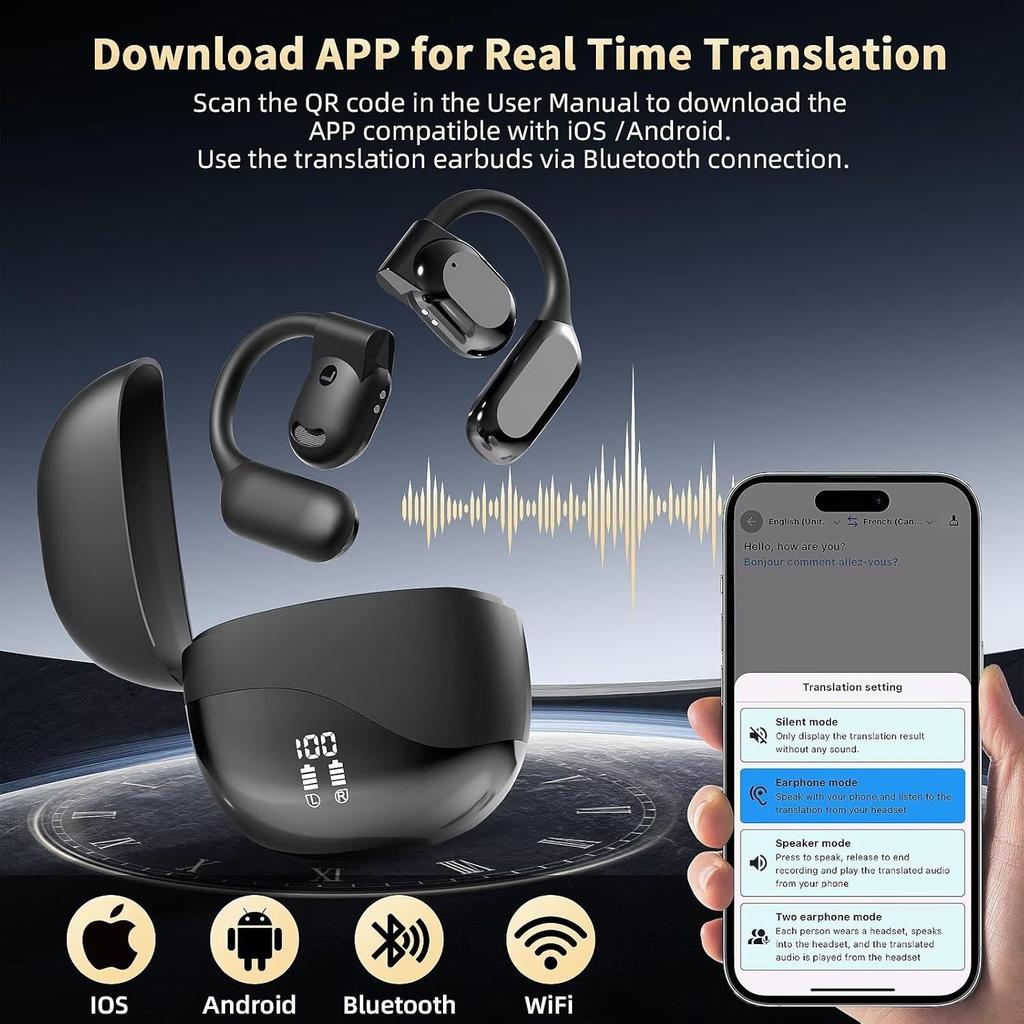 Ai Language Translation Earbuds Translator Earphones APP for iOS &Android 144-Language Bluetooth 5.4 Headphones Translating Device for Travel Business